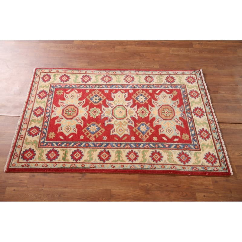 Kazak Accent Rug Hand-Knotted Red Geometric Wool Carpet - 2'9" x 4'1"