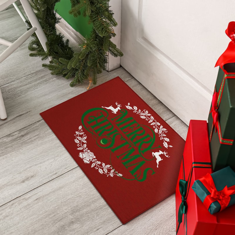 Indoor/ Outdoor Cozy Winter Red Washable Merry Christmas Rug - 1'8" x 2'6" - Red