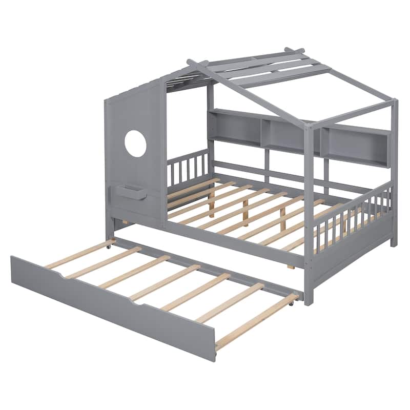 Wooden Full Size House Bed With Trundle, Modern Design For Kids With Storage Shlef