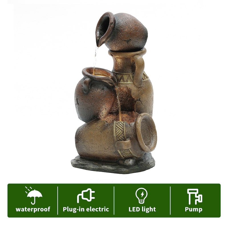 Brown Urns Resin Outdoor Fountain with LED Lights
