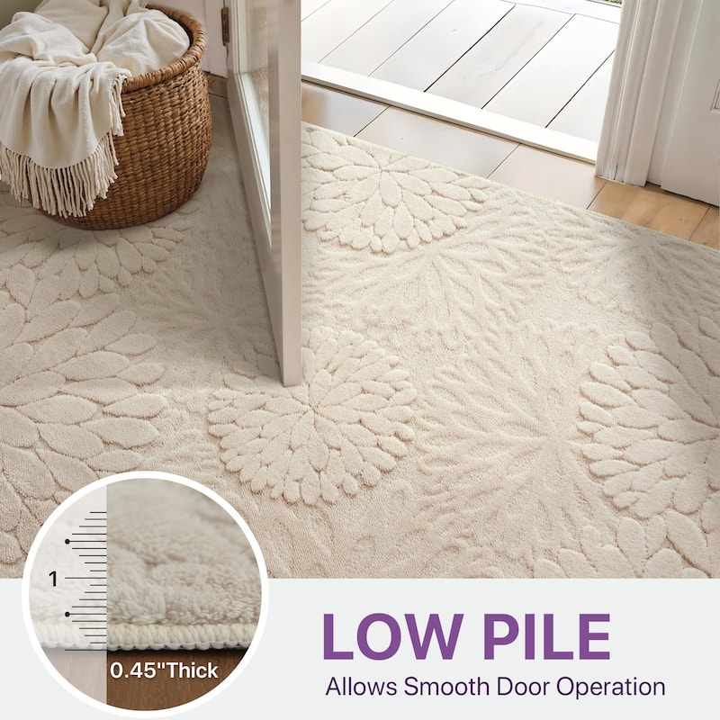 Mcow 3D Floral High-Low Textured Plush Washable Non-Slip Area Rug