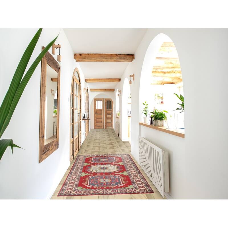 Geometric Red Kazak Oriental Runner Rug Hand-Knotted Wool Carpet - 3'4" x 6'7"