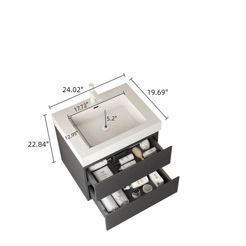 Plywood Wall-Mounted Bathroom Vanity Set in Grey with Integrated Acrylic Sink