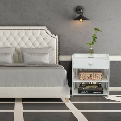Wooden Bed Side Nightstand Bedroom Drawer & Bottom Shelf White