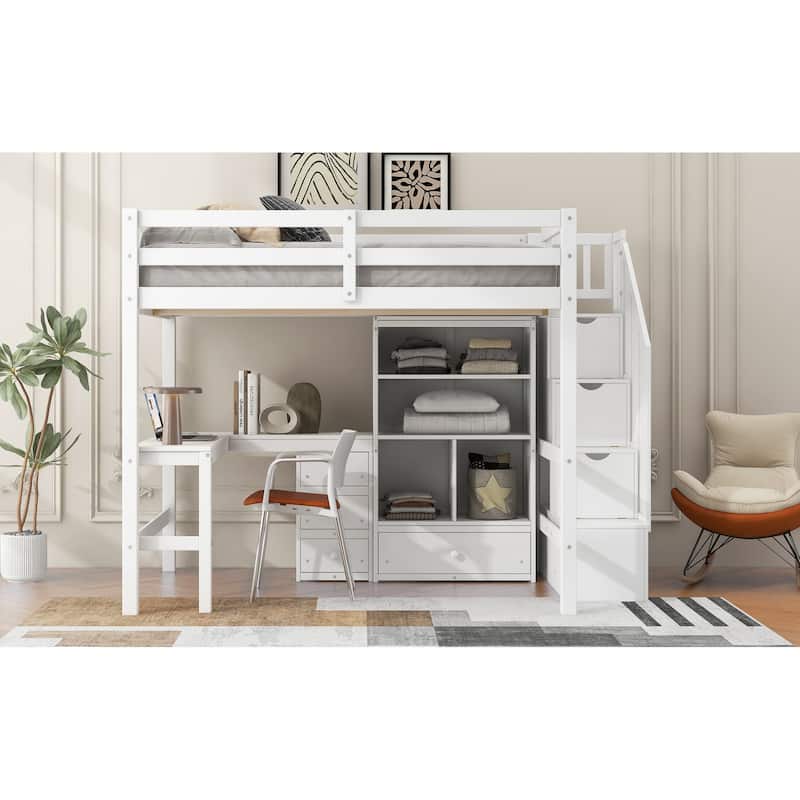 Full Size Loft Bed with L-Shaped Desk, Drawers, Cabinet, and Storage Staircase, White