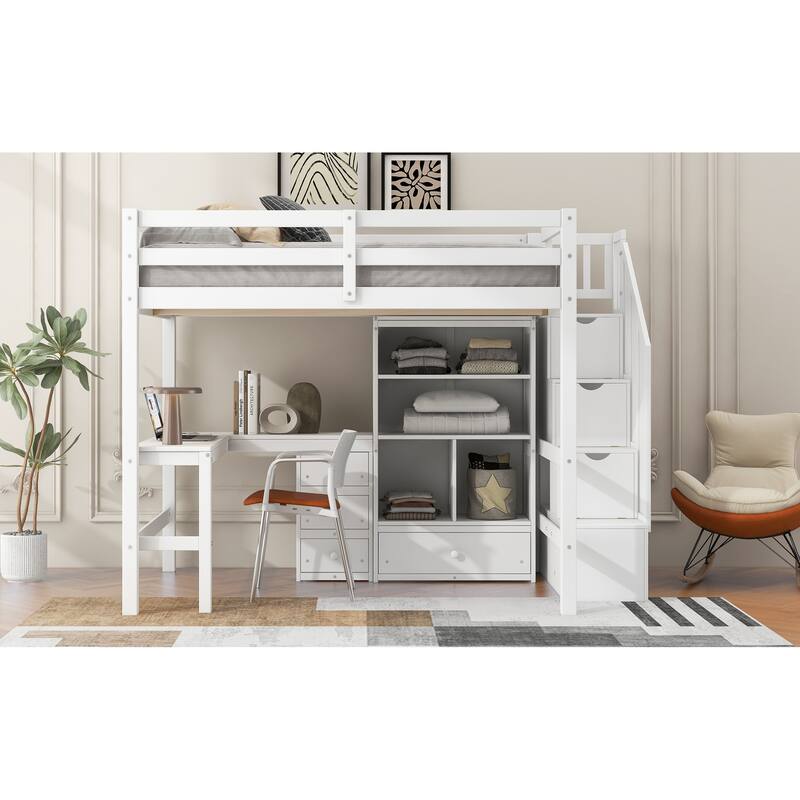 Full Size Loft Bed with L-Shaped Desk, Storage Drawers, Cabinet & Staircase, Multi-Functional Space-Saving Design