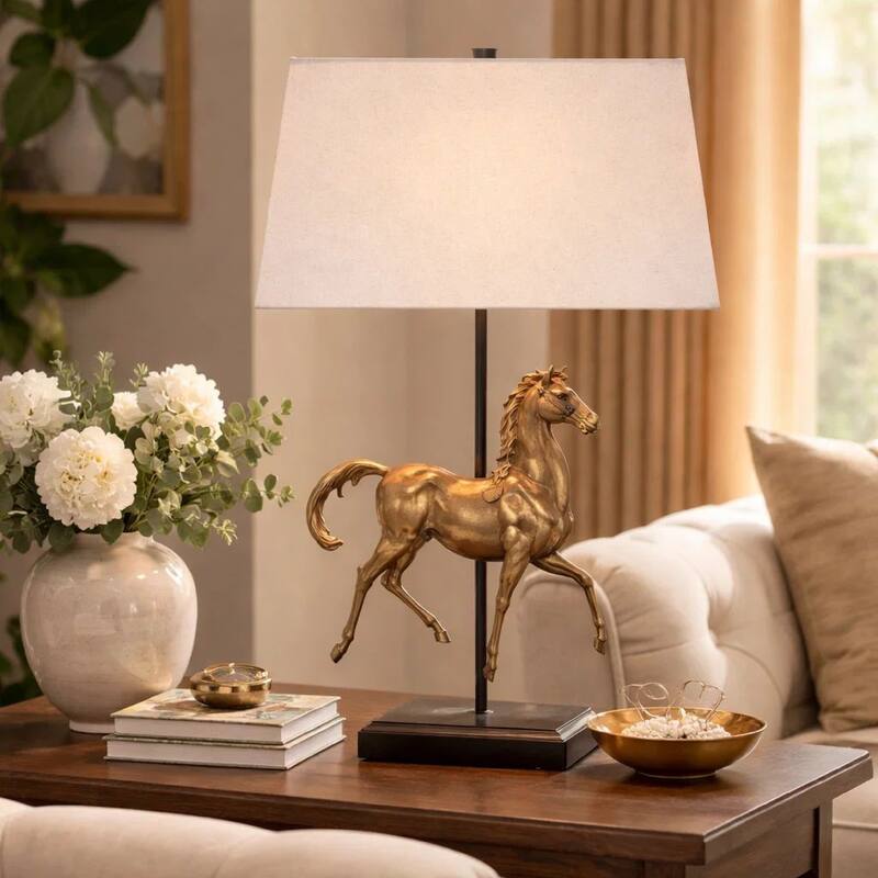 Horse Sculpture Table Lamp, Beige Linen Shade, 29 Inch Black Iron
