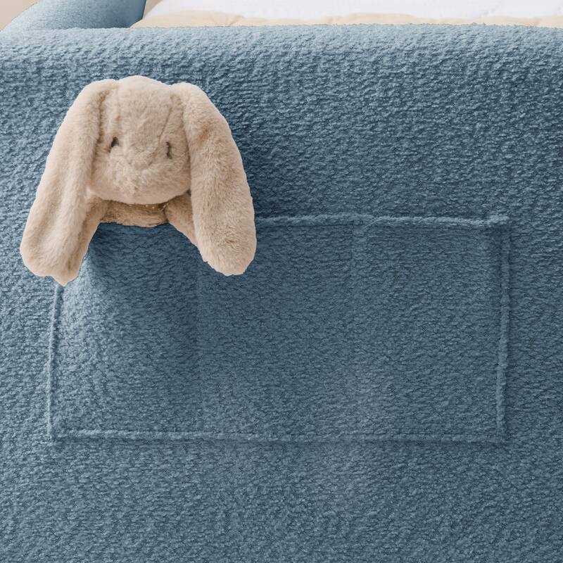 Twin Upholstered Platform Bed with Bunny Ear Headboard, Safety Rail & Pocket in Boucle Fabric