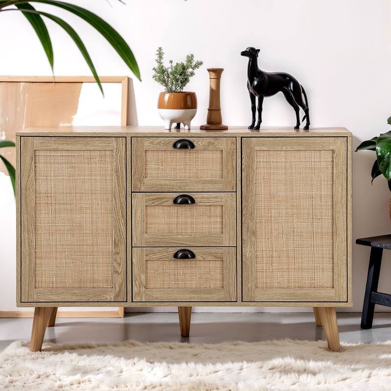 Rattan Drawer Accent Storage Cabinet for Living Room - 3 Drawers + 2 Shelves Cabinet