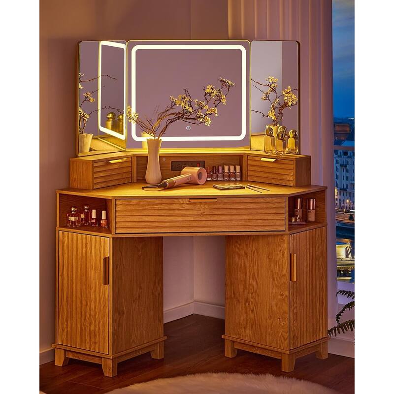Corner Vanity Desk with Lighted Mirror Drawers Shelves Storage Stool