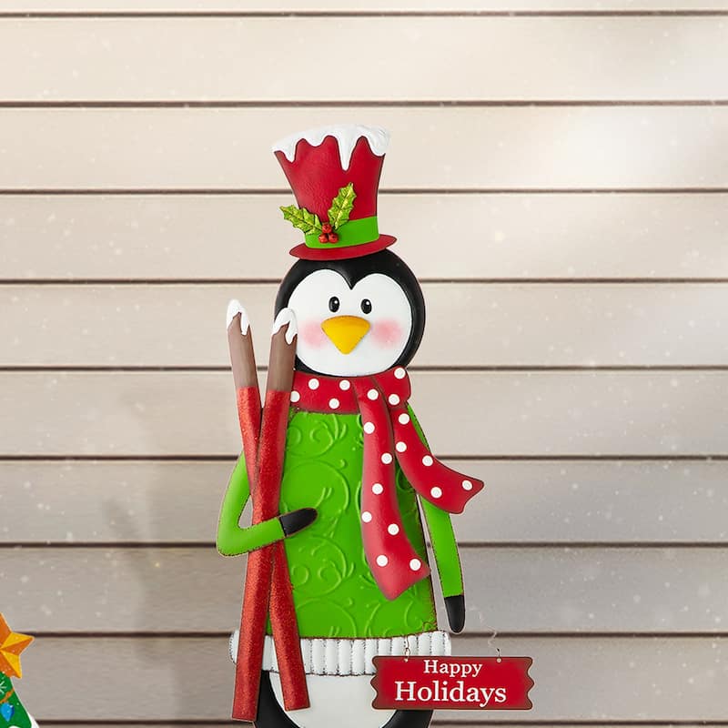 Glitzhome 36"H Christmas Metal Penguin Nutcracker Yardstake Standing Sign Wall Decor