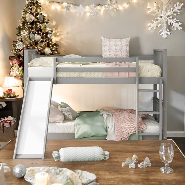 slide 2 of 27, Built-in Design Twin over Twin Bunk Bed with Slide and Ladder,House Shape Design Grey