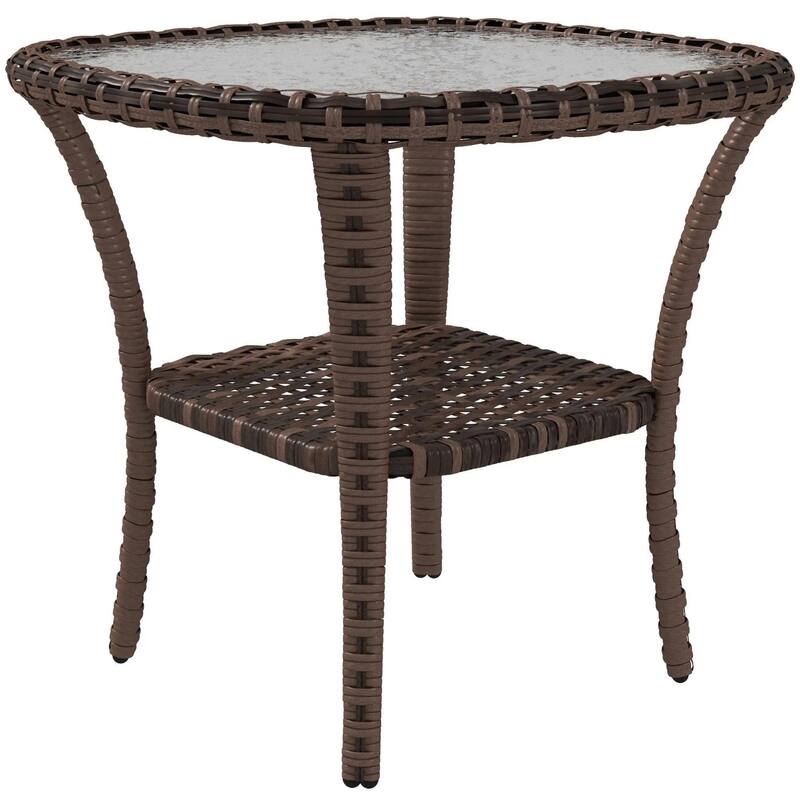 Hand-Woven Wicker Coffee Table,Wave Glass Top, Storage Shelf, Outdoor