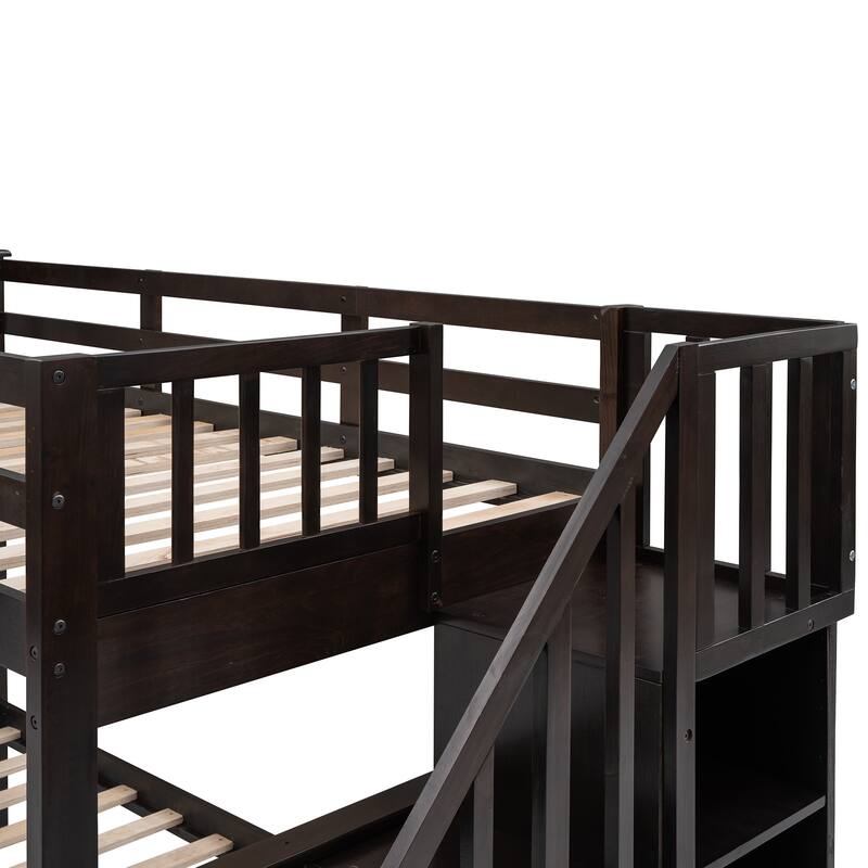 Stairway Twin Over Full Bunk Bed with Storage Stairs and Guardrail, Solid Wood Bedframe for Bedroom, Dorm, for Kids Teens Adults