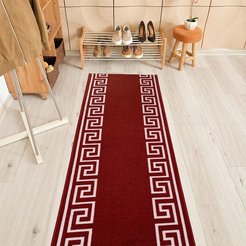 Custom Size Greek Key Black 31 Inch Wide Non-Slip Stair Runner Rug