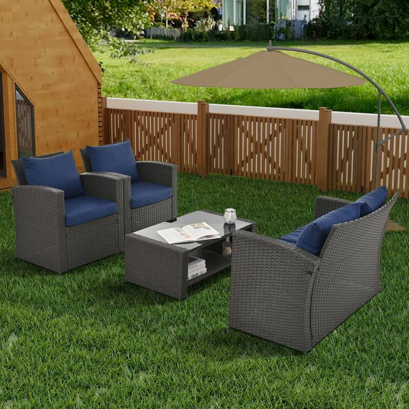 Outdoor Wicker Weaving Conversation Combo Set of 4 - Navy Blue