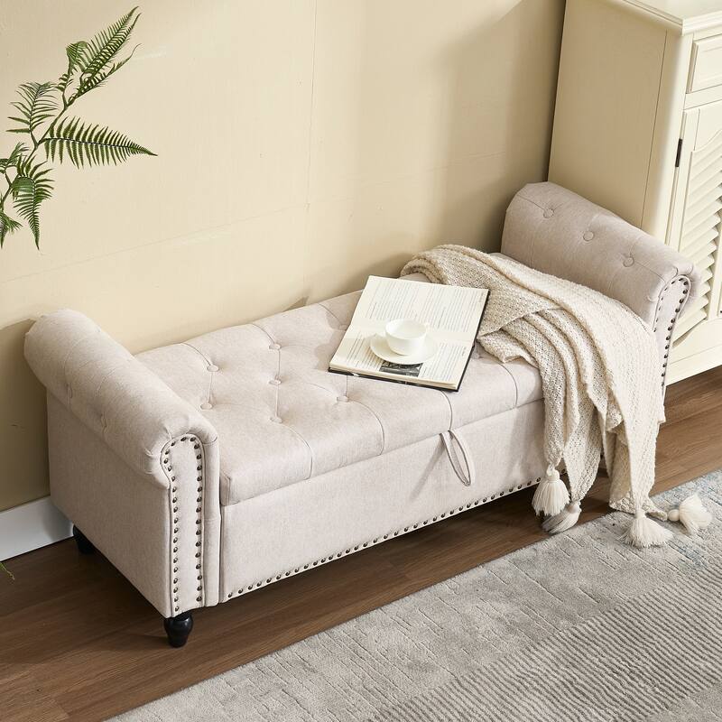Upholstered Storage Ottoman Bench - Button Tufted Linen Ottoman with Hidden Storage for Living Room or Bedroom