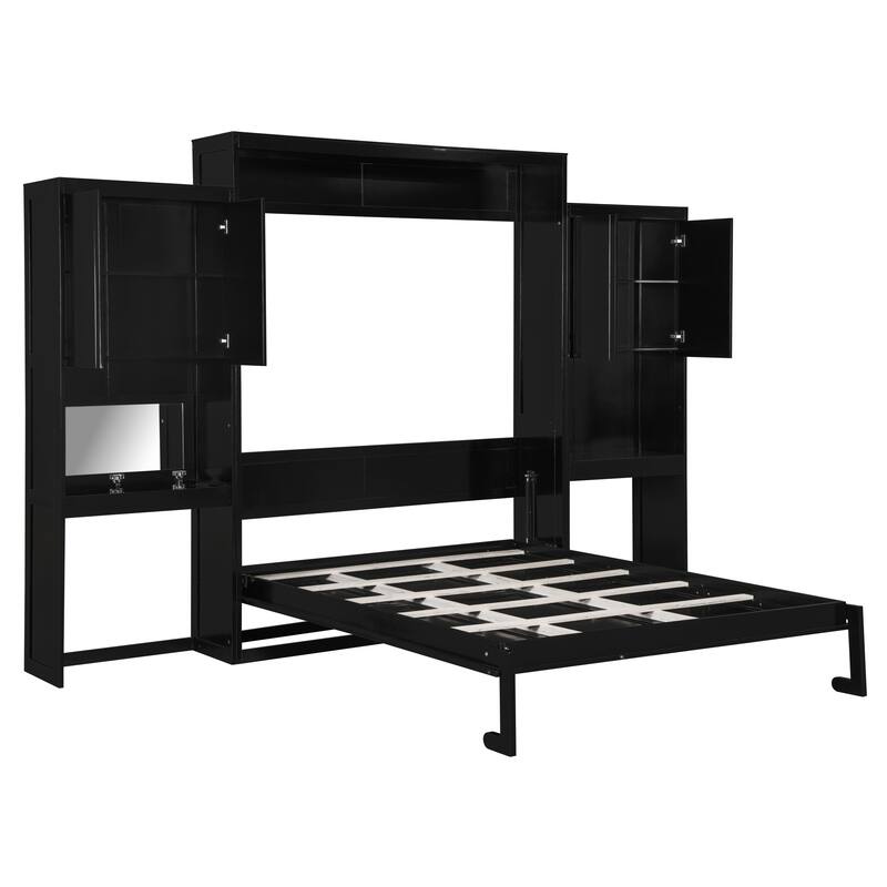 Queen Size Murphy Bed with Work Desk and Storage Cabinets, Wooden Foldable Wall Bed with Flip-Up Vanity for Bedroom Guest Room