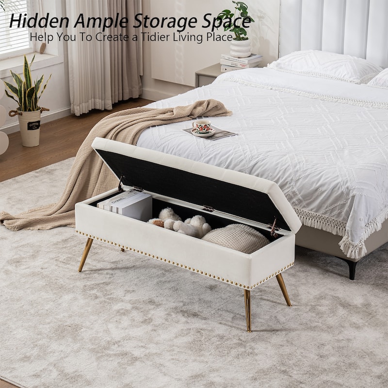 Velvet Storage Ottoman Bench with gold legs and Nailhead Trim for Bedroom/End of Bed/Entryway/Window