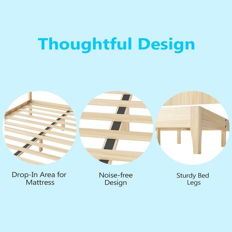 Solid Wood Twin Bed Frame Platform Bedframe with Headboard Grille Style