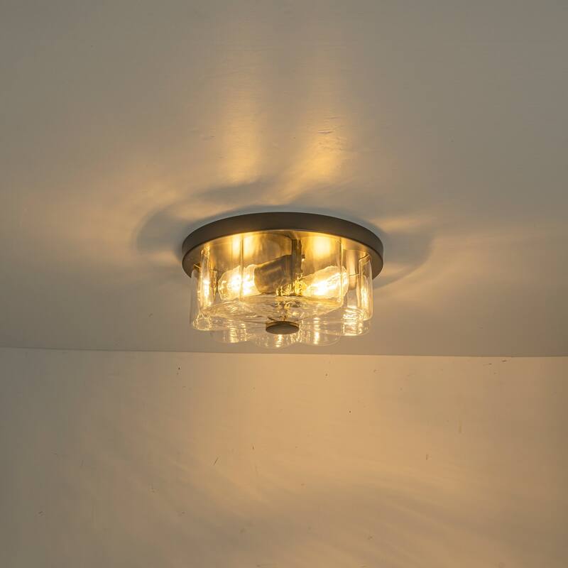 2-light Modern Farmhouse Matte Black Flush Mount Ceiling Light with Clear Flower-Shaped Glass Shade