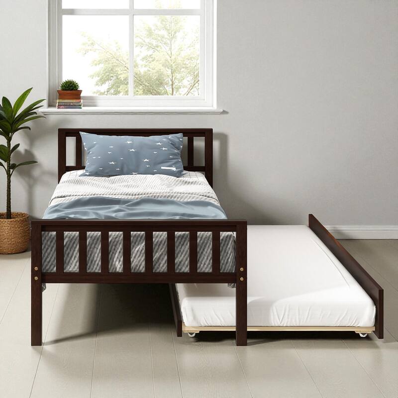 Twin Size Wooden Platform Bed with Trundle, Headboard and Footboard, Space-Saving Design for Guest or Small Bedroom