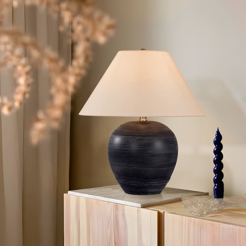 Global Accent Ceramic Table Lamp with Linen Shade - Small size: 18"H x 15"W x 15"D - Black Striped