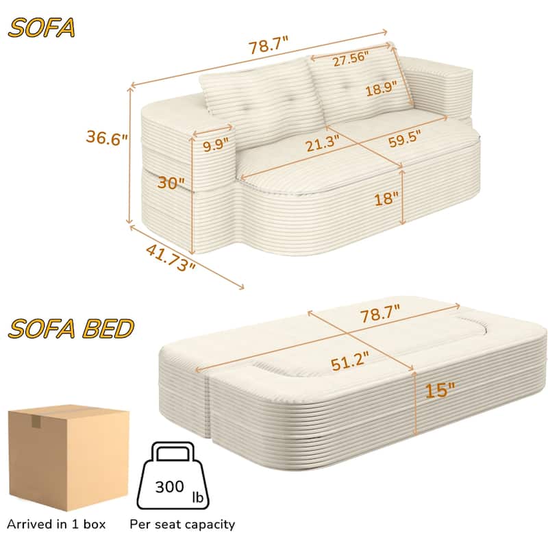 78.7" Modern Convertible Corduroy Sofa Bed with 2 Pillows, Floor Deep Seat Sleeper Couch, Foldable 2-in-1 Sofa for Living Room