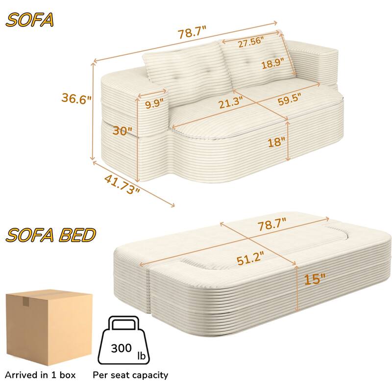 Modern Foldable Sofa with Convertible Blanket and Pillows, Plush Corduroy Fabric Sleeper Sofa Bed for Living Room or Bedroom