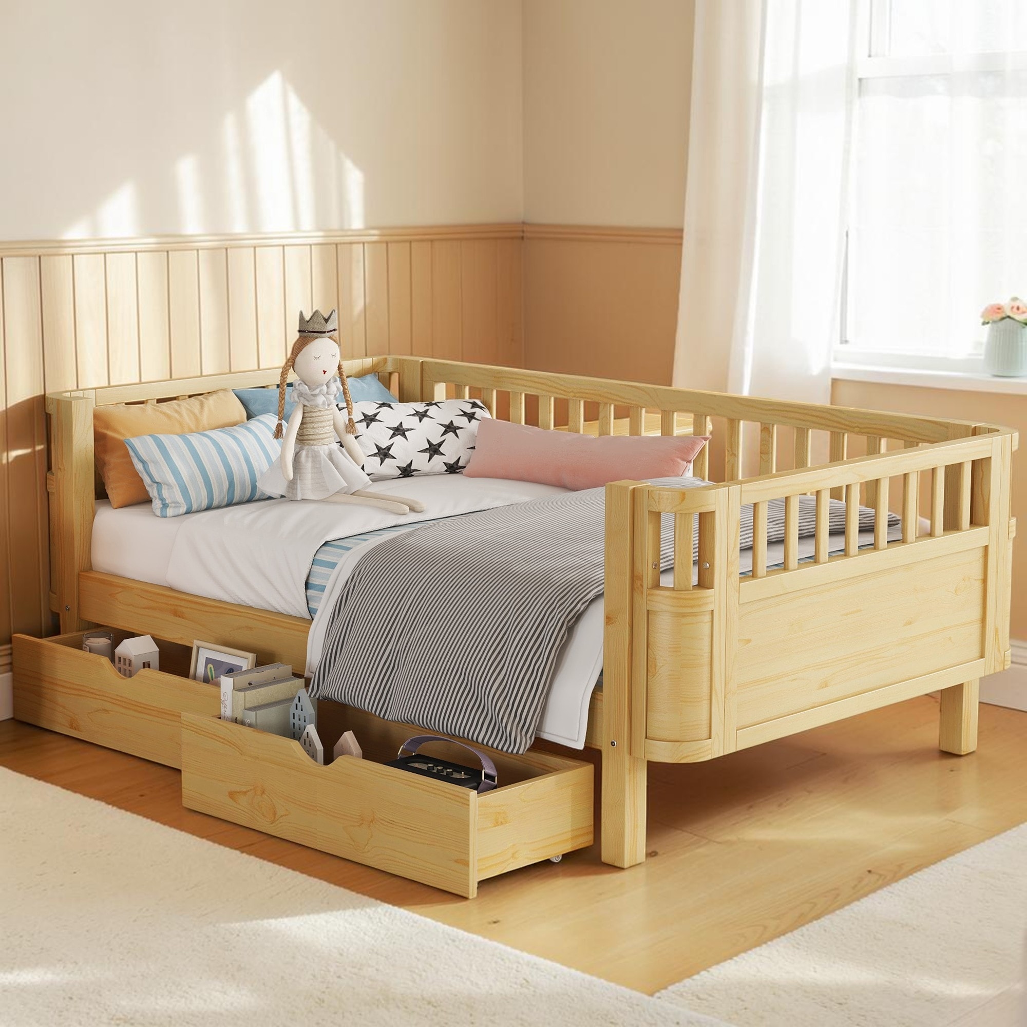 Twin/Full Size Wooden Platform Bed with Safety Rails and 2 Storage Drawers, Low Profile Kids Bed Frame