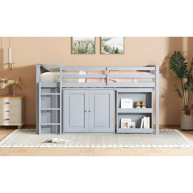 Roomfitters Twin Rubber Wood Loft Bed with Storage Cabinets, Pull-Out Desk, Safety Guardrail and Ladder