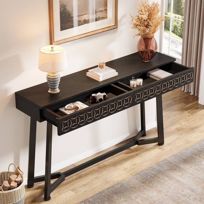 55-Inch Black Console Table Modern Entryway Table with 2 Drawers - Black