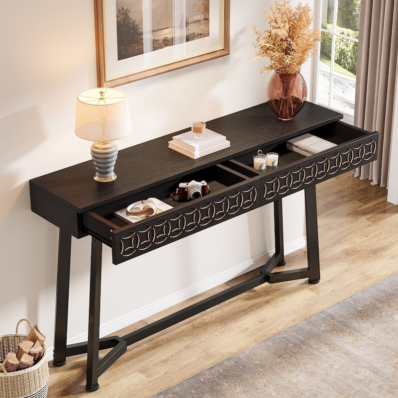 55-Inch Modern Console Table Black Entryway Table with 2 Drawers