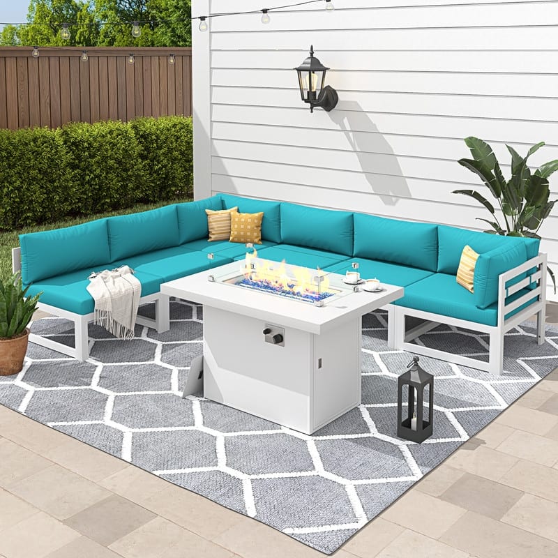 FINCATI 7 Piece Aluminum Outdoor Furniture Set with Propane/Natural Gas Fire Pit Table, 29" Wide Outdoor Sectional Sofa for 6 - Teal