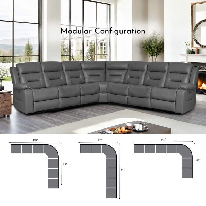 119'' Faux Leather Power Recliner 7-Seat Large Sectional Reclining Sofa with USB Port
