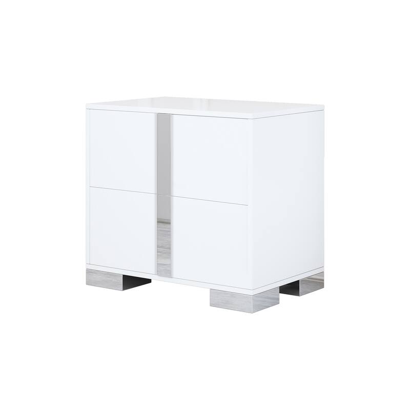 Elegant White Nightstand with Metal Foot and 2 Drawers for Bedroom or Living Room