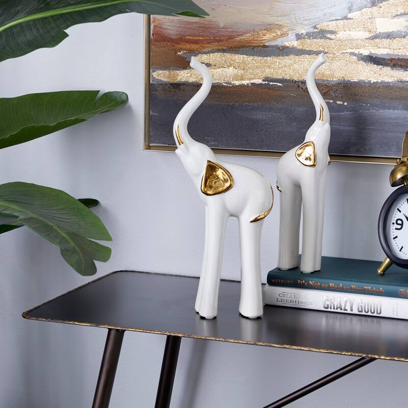 Gold Porcelain Ceramic Elephant Decorative Sculpture (Set of 2)