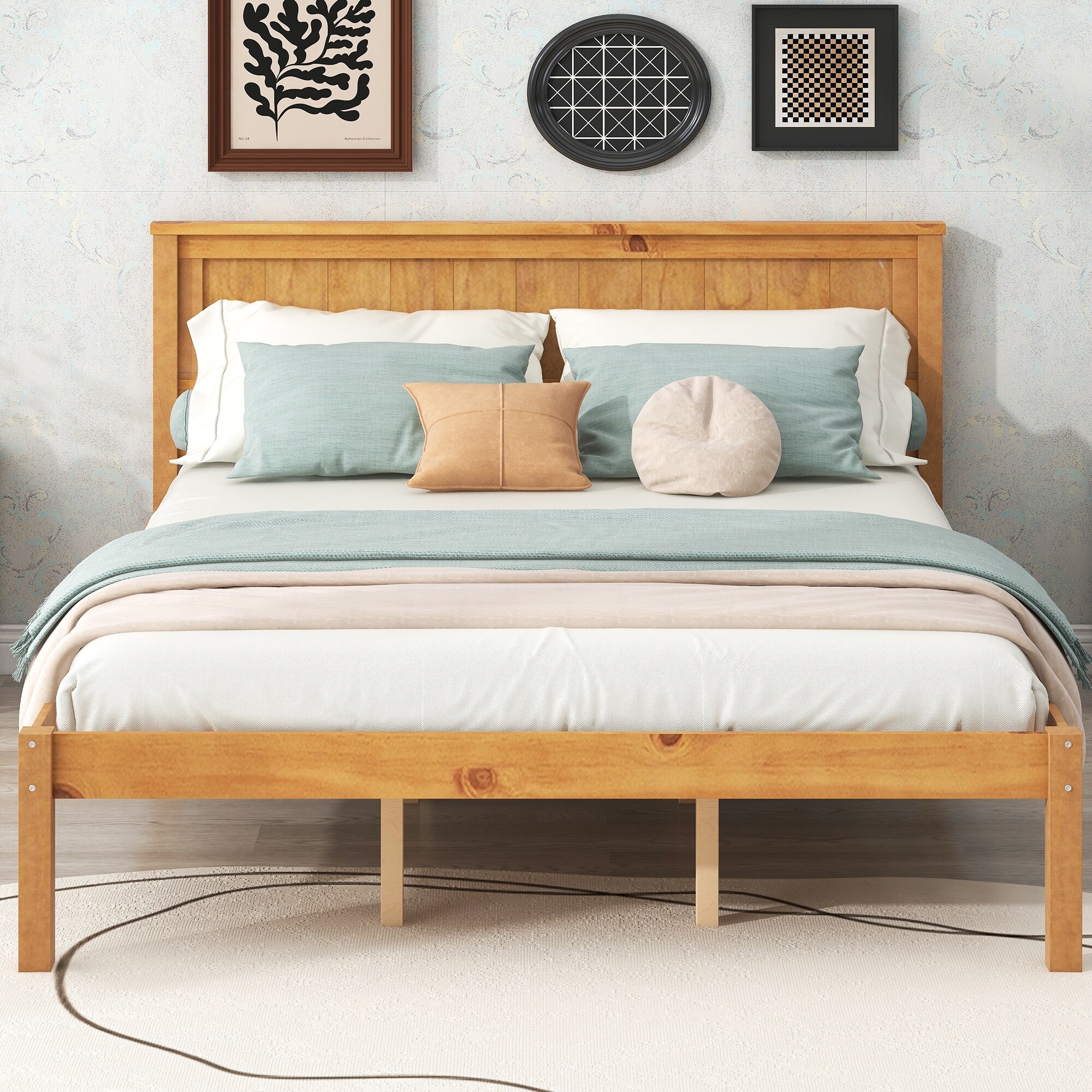 Wood platform bed frame hot sale with headboard queen