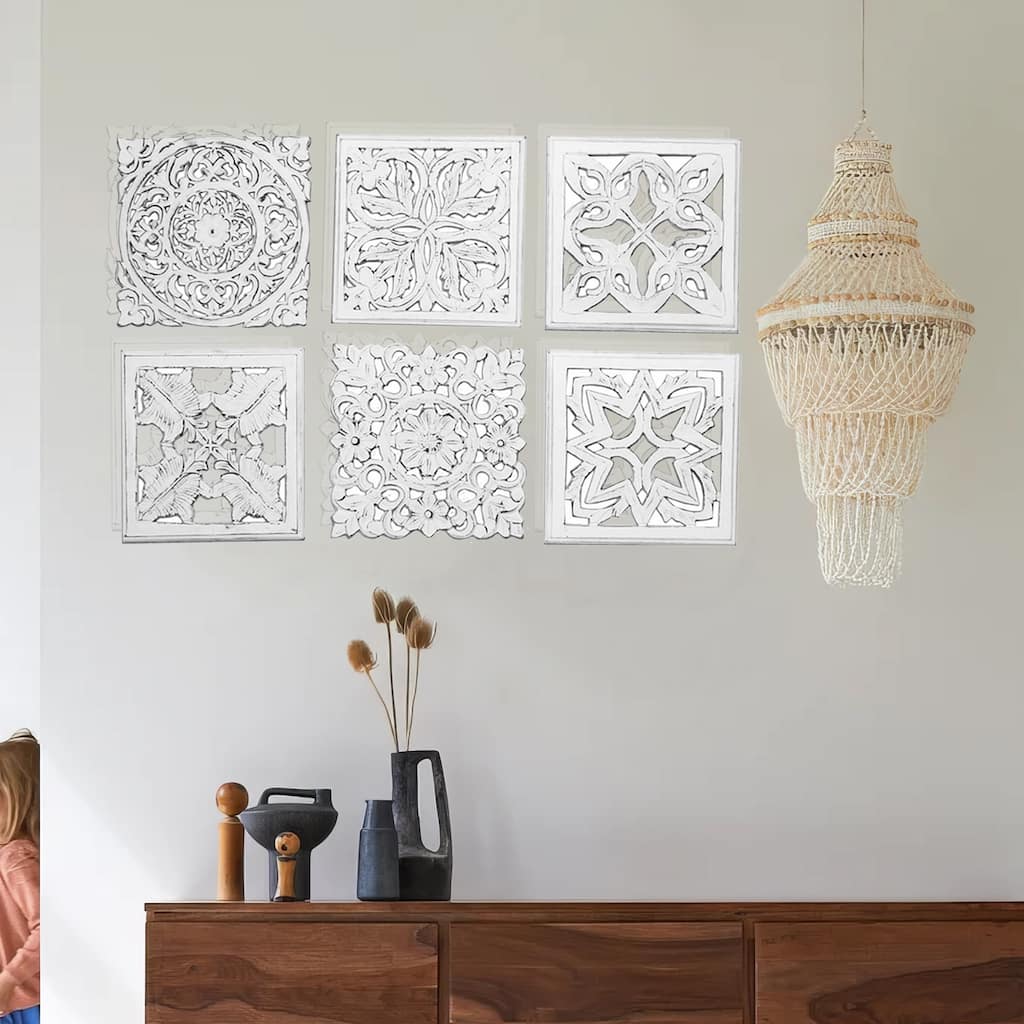 12 x 12 Wall Art Panel Set of 6, Intricate Carved Sculpture, White Finish
