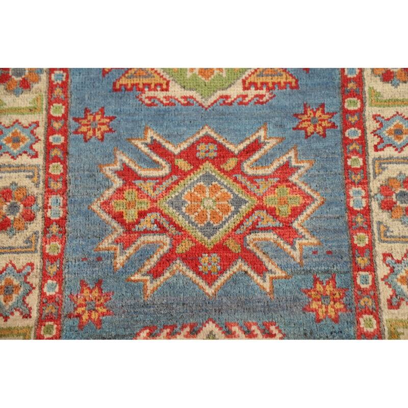 Blue Kazak Oriental Accent Rug Hand-Knotted Geometric Wool Carpet - 2'0" x 3'0"