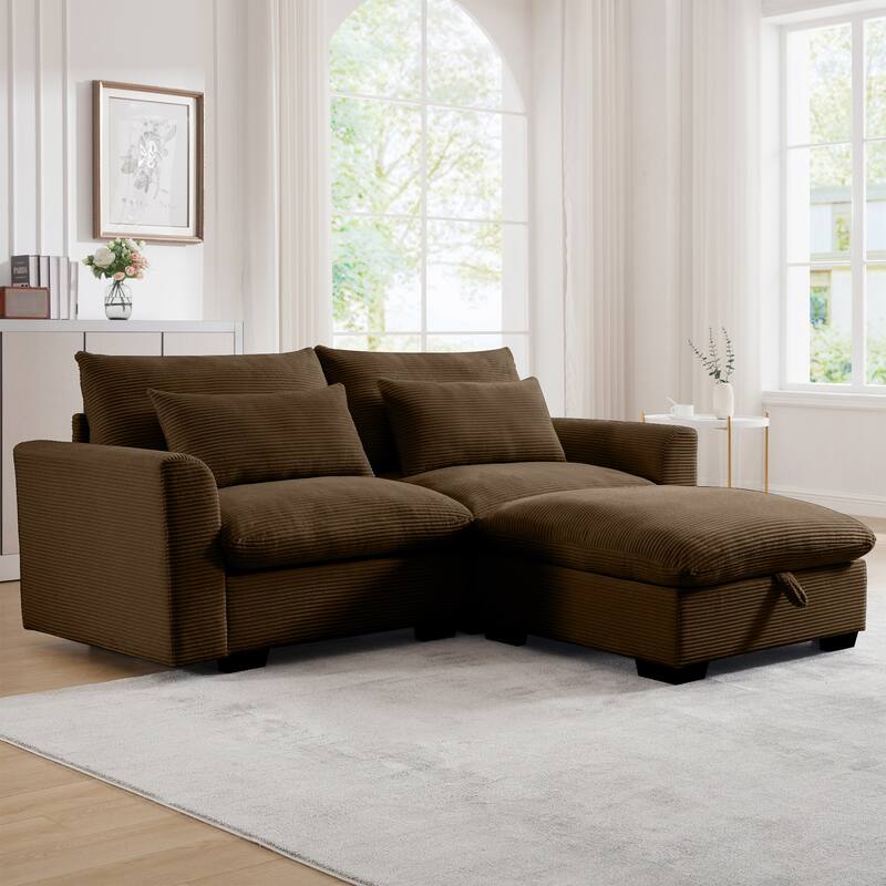 Multifunctional Loveseat Set with Storage Ottoman, Modern Sectional Sofa Corduroy Upholstered Couch with Pillows