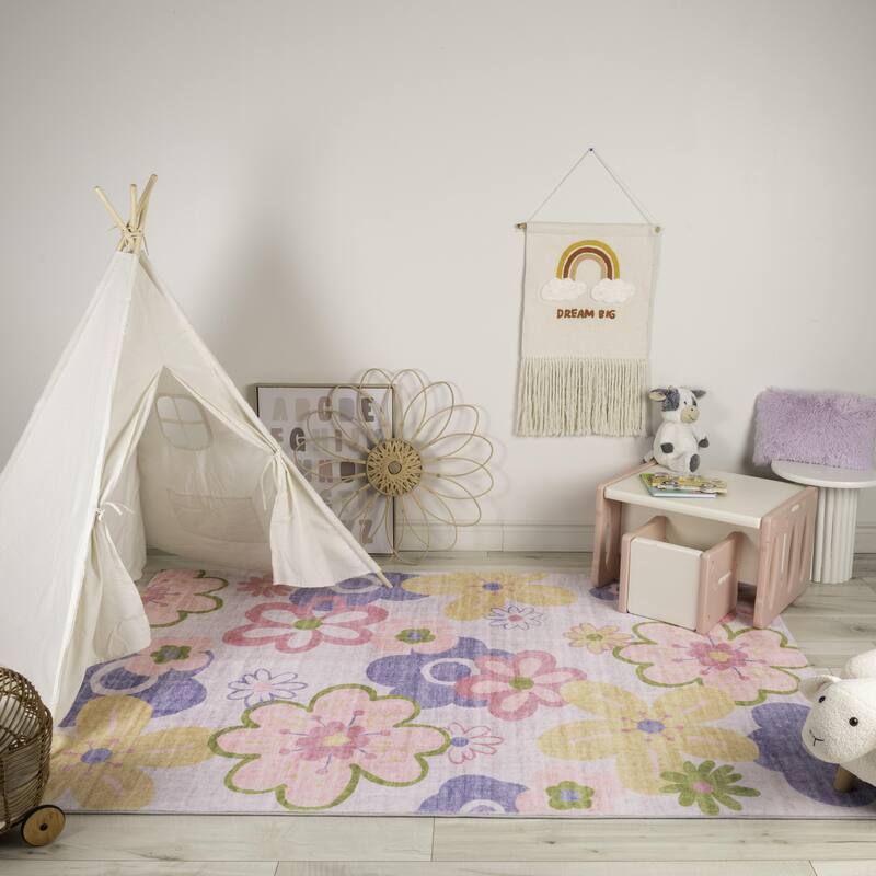 Rug Branch Kids Soft Steps Playtime Fun Floral Pink Purple Soft Area Rug