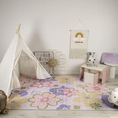 Rug Branch Kids Soft Steps Playtime Fun Floral Pink Purple Soft Area Rug
