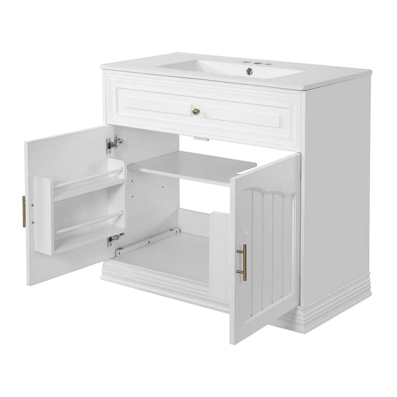 36"Bathroom Vanity with Ceramic Sink,Bathroom Vanities Cabinet with 2 large Soft Closing Doors,Solid Wood Frame Storage Cabinet