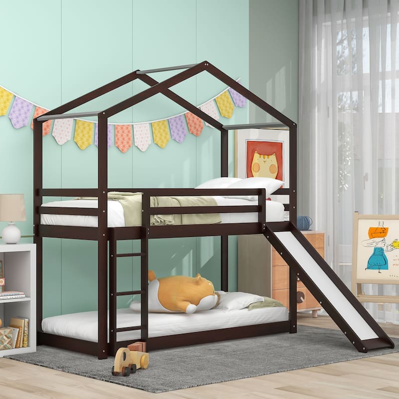 Bunk Bed with Roof, Slide and Ladder