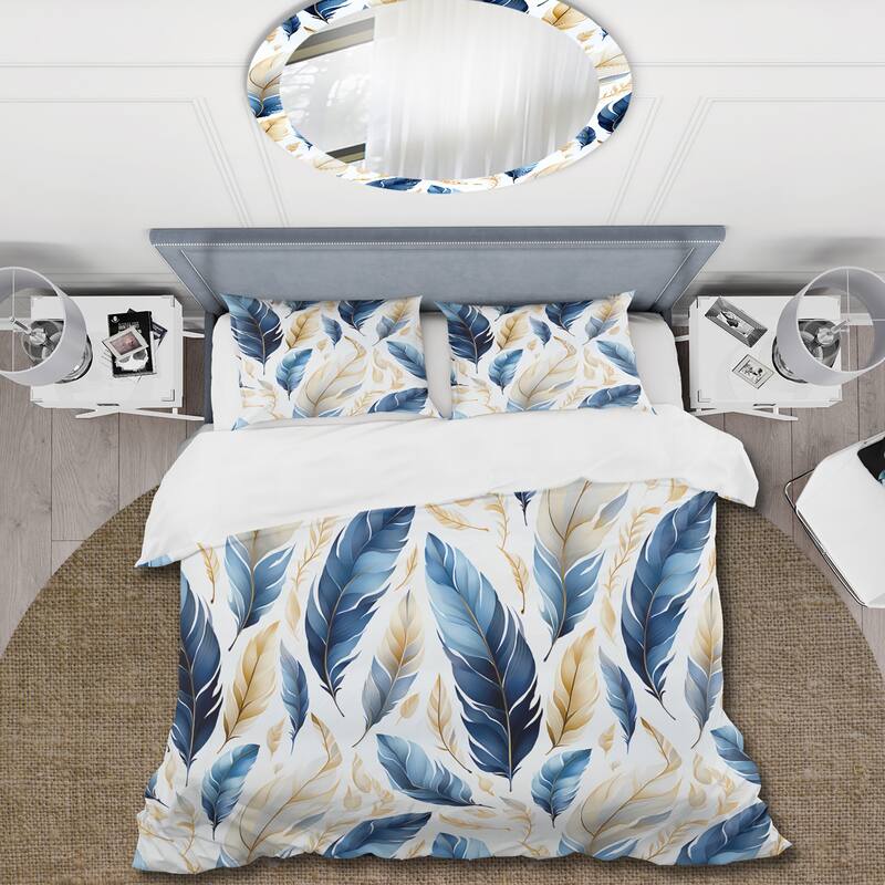 Designart "Sapphire Blue Dove Feathers I" Blue Floral Bedding Cover Set With 2 Shams
