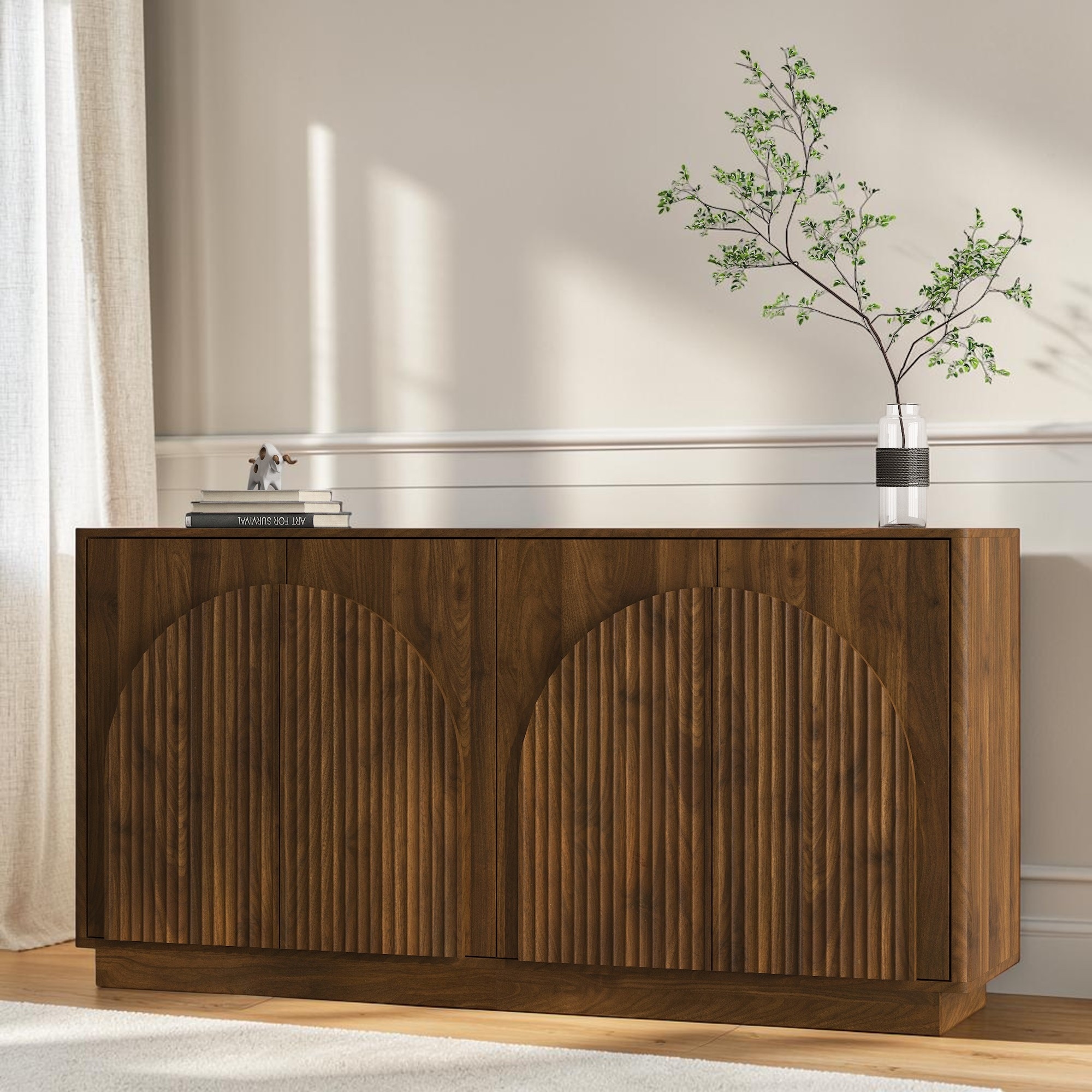 Modern Fluted Buffet Cabinet with Adjustable Shelves, Storage Credenza for Dining Room Entryway