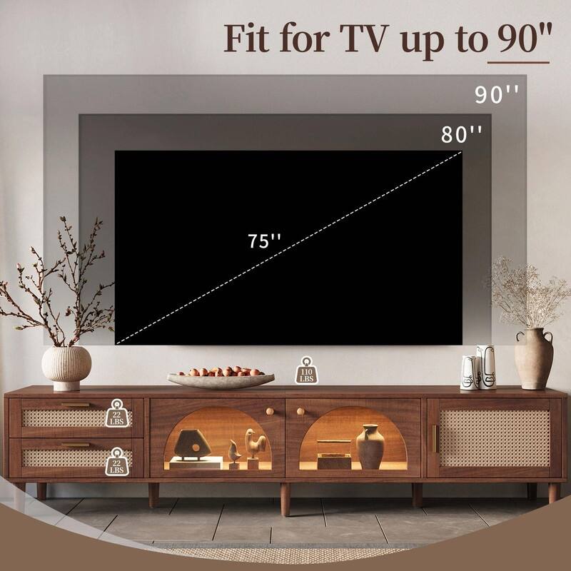 86" TV Stand for TVs up to 90", Entertainment Center with App-Controlled LED Lights, 2 Drawers & Glass Door Storage