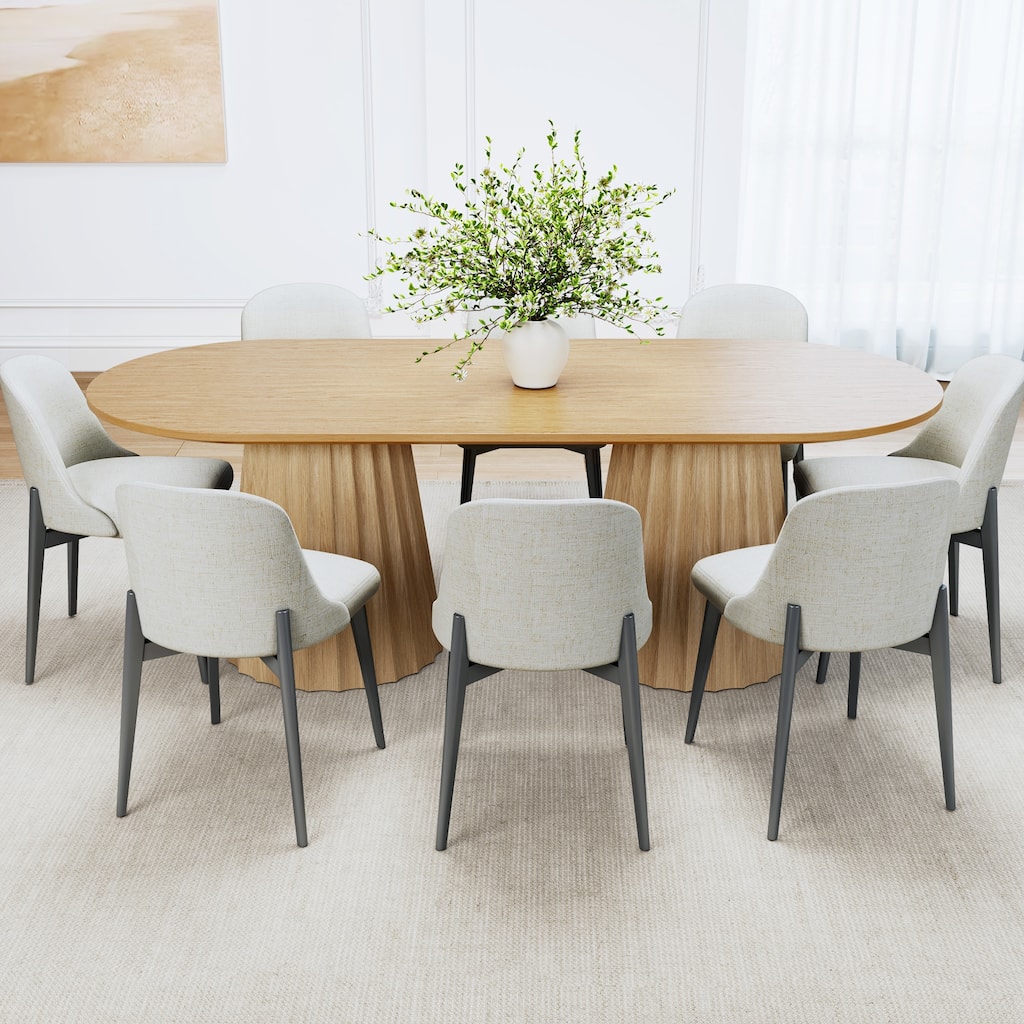86" Modern Oval Dining Table Set with 8 Upholstered Chairs Textured Wood Top & Dual Pleated Pedestal Base