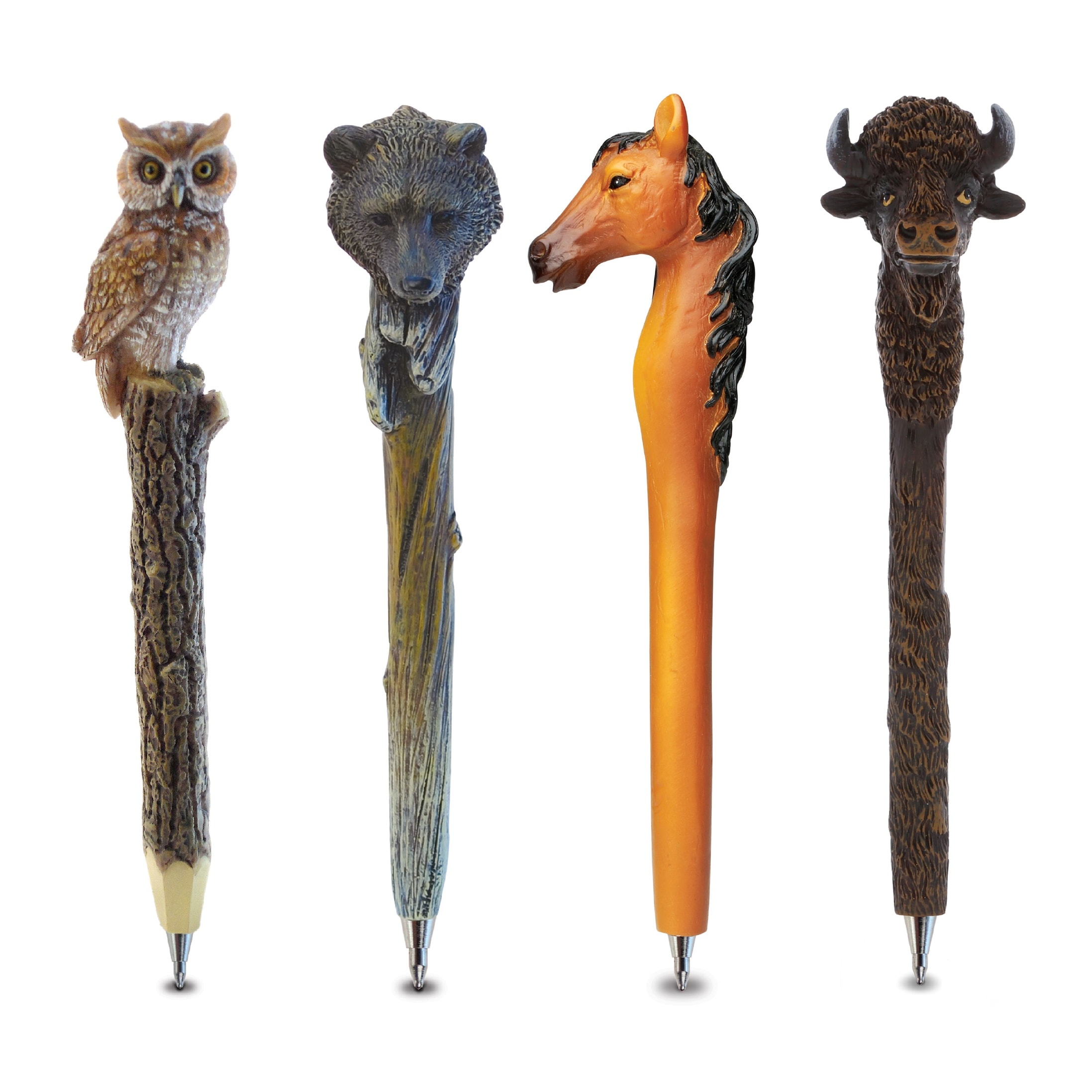 Planet Pens Bundle of Owl, Black Bear, Brown Horse, Bison Novelty Pens - 6 inches long